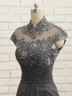 Slim Fit Column Chiffon Lace High Neck Short Sleeved And Floor Length Style Mother Of The Bride Dresses