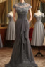 Slim Fit Column Chiffon Lace High Neck Short Sleeved And Floor Length Style Mother Of The Bride Dresses