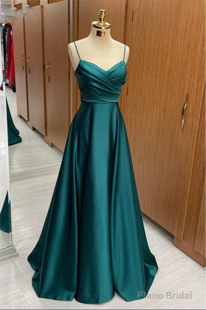 Slim Long Green Satin Aline Prom Dress With Straps Main image