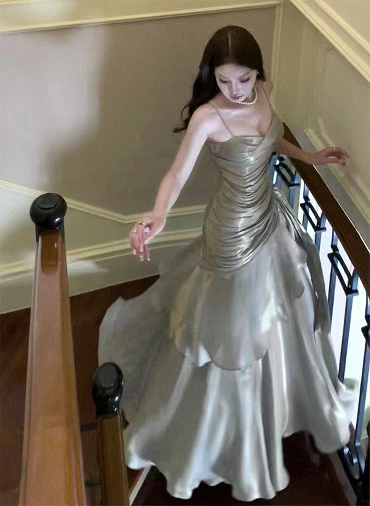 Sliver Grey Satin Straps Long Formal Gown, Cute Long Formal Prom Dresses Main image