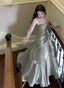 Sliver Grey Satin Straps Long Formal Gown, Cute Long Formal Prom Dresses