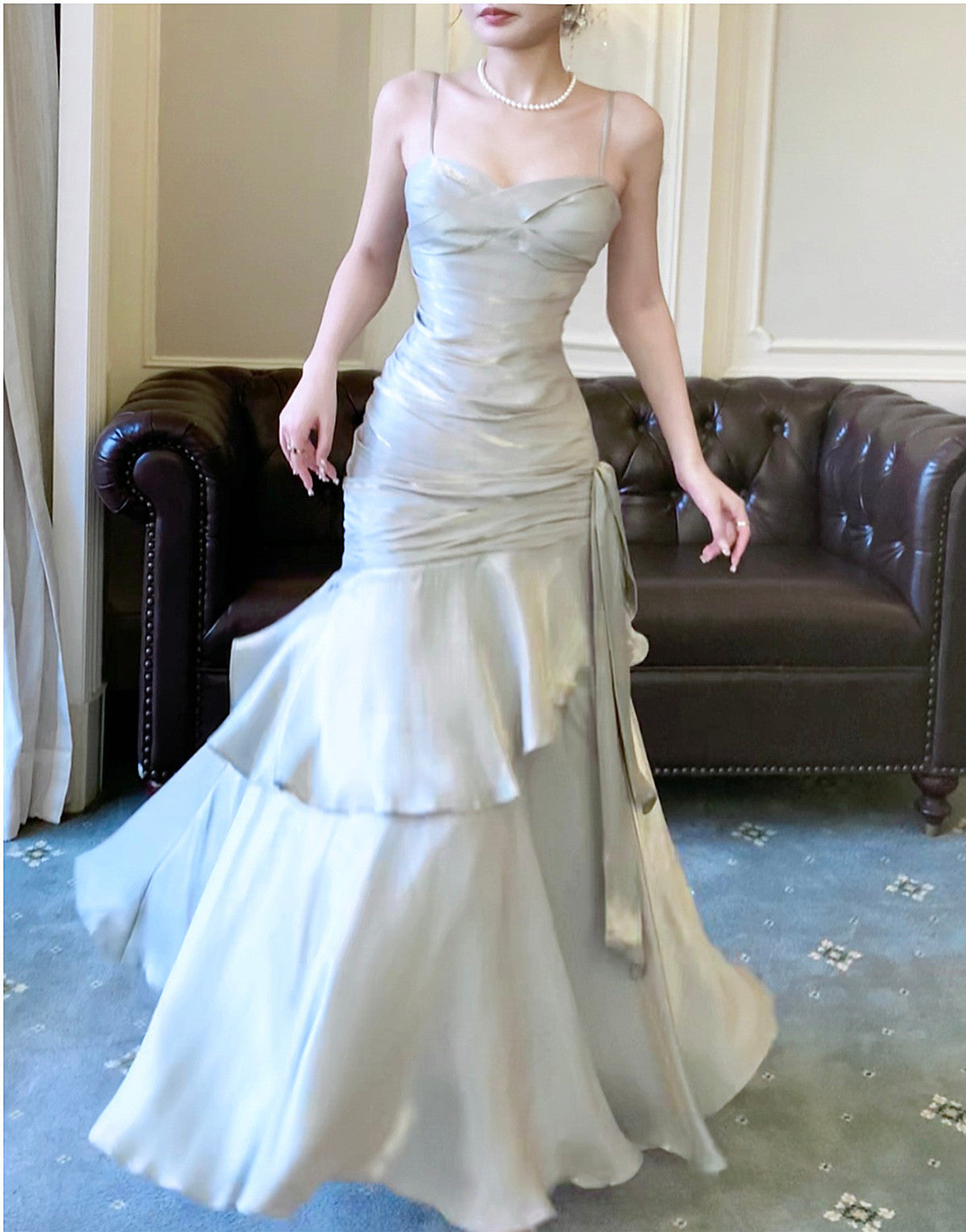 Sliver Grey Satin Straps Long Formal Gown, Cute Long Formal Prom Dresses Secondary image