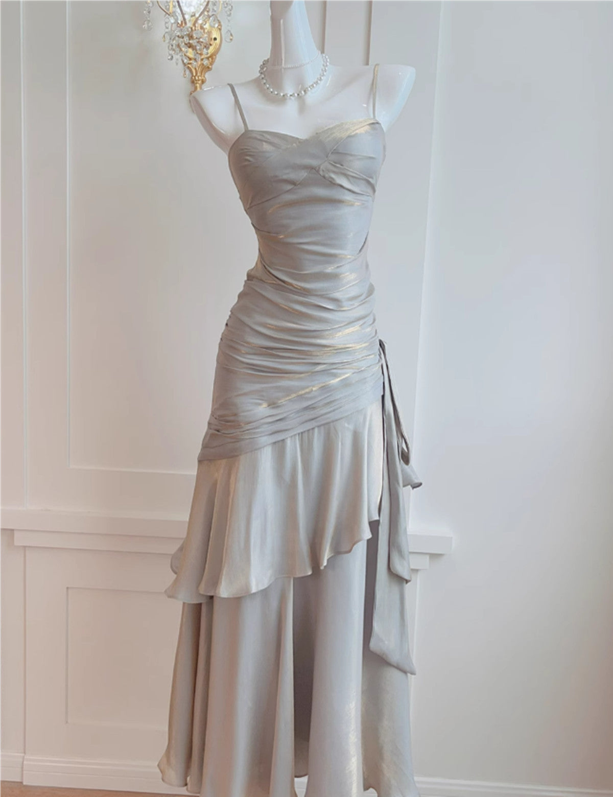 Sliver Grey Satin Straps Long Formal Gown, Cute Long Formal Prom Dresses