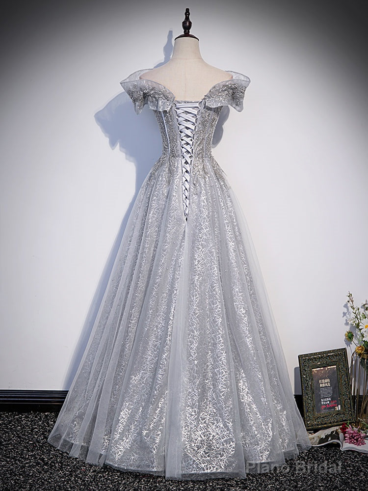 Sliver-Grey Shiny Tulle Off Shoulder  Prom Dress, Sliver Long Party Dresses Secondary image
