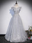 Sliver-Grey Shiny Tulle Off Shoulder  Prom Dress, Sliver Long Party Dresses