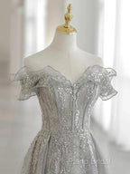 Sliver-Grey Tulle With Sequins Long Party Dresses,A-Line Floor Length Formal Prom Dresses