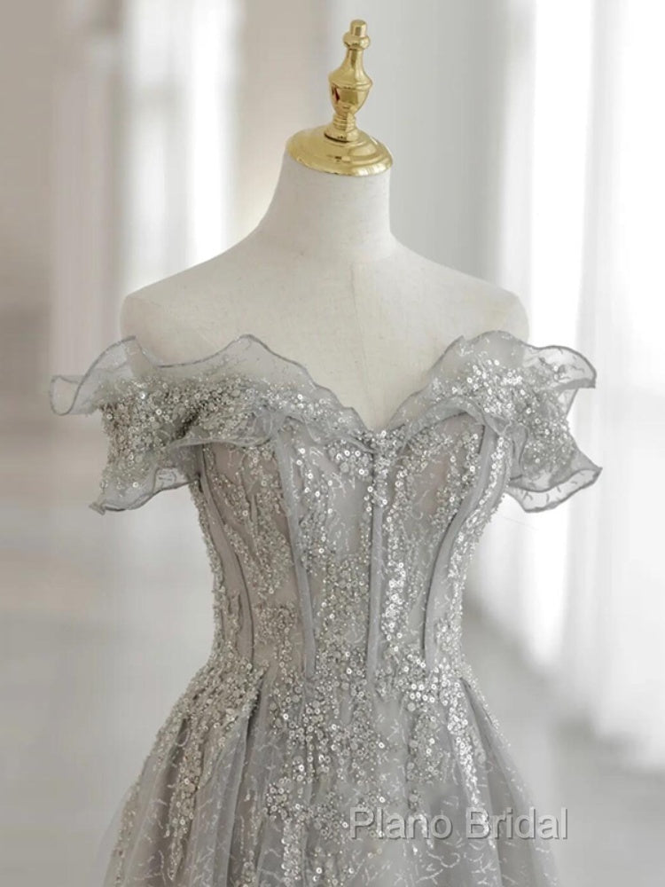 Sliver-Grey Tulle With Sequins Long Party Dresses,A-Line Floor Length Formal Prom Dresses Secondary image