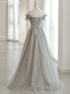 Sliver-Grey Tulle With Sequins Long Party Dresses,A-Line Floor Length Formal Prom Dresses