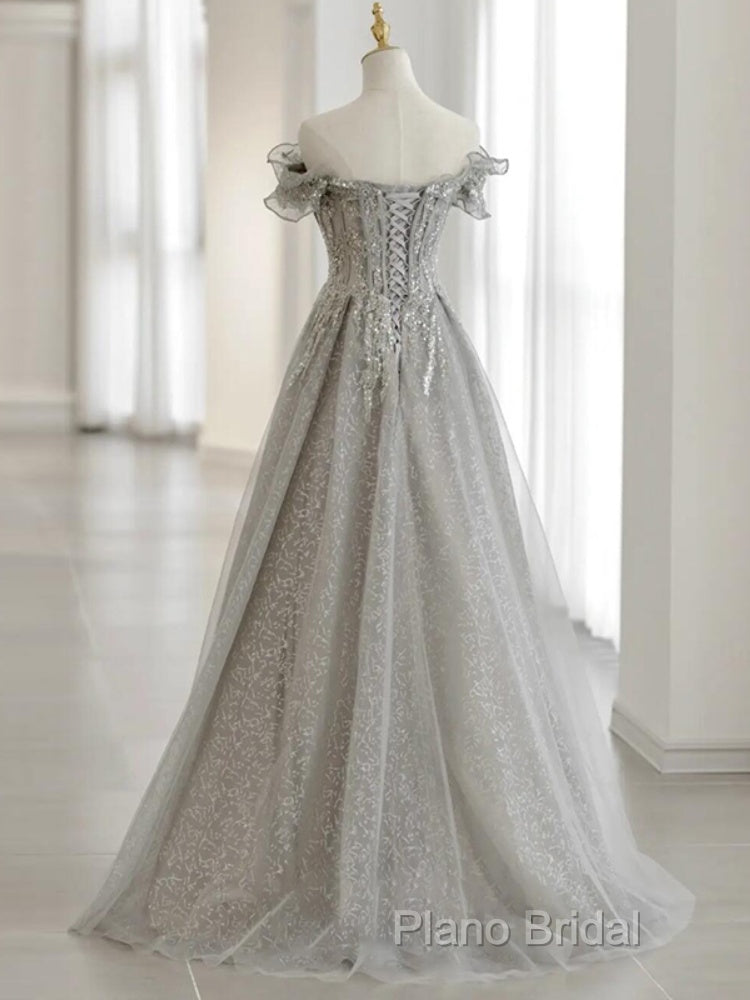Sliver-Grey Tulle With Sequins Long Party Dresses,A-Line Floor Length Formal Prom Dresses