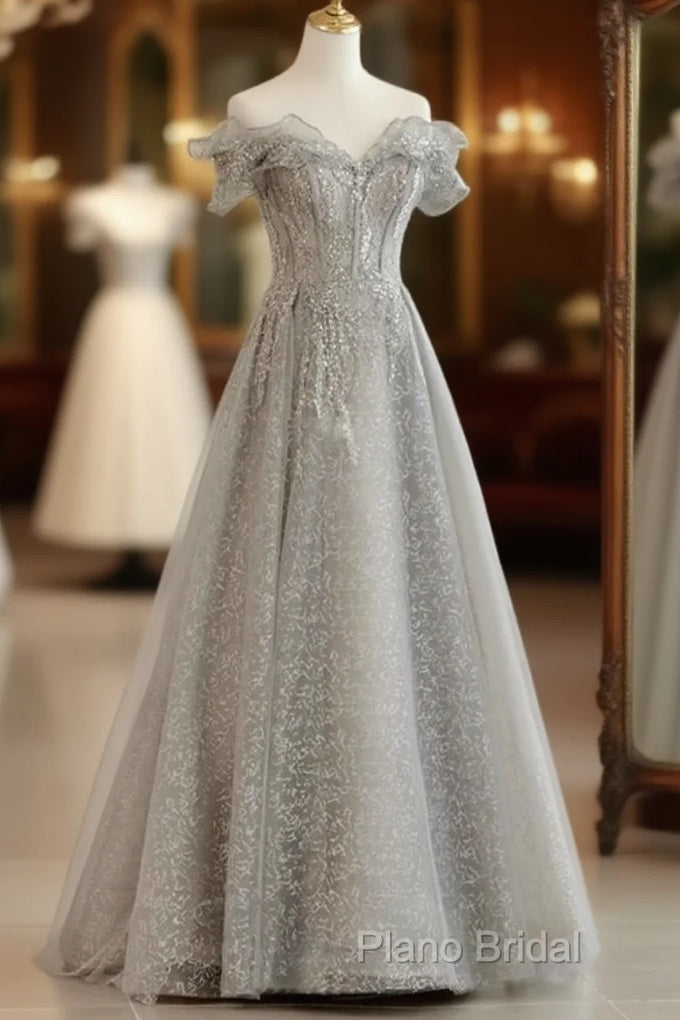 Sliver-Grey Tulle With Sequins Long Party Dresses,A-Line Floor Length Formal Prom Dresses Main image