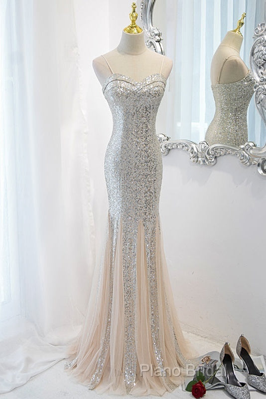 Sliver Sequins Mermaid Straps Long Formal Gown Formal Prom Dresses, Long Party Dresses Formal Dresses