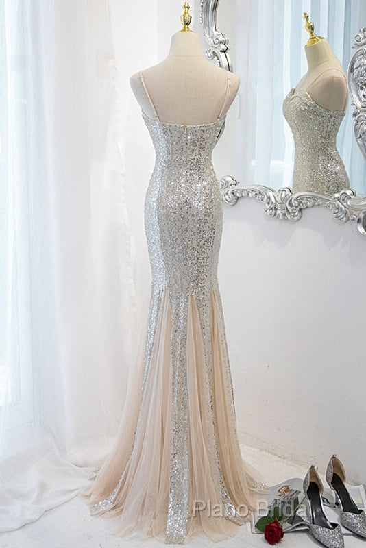 Sliver Sequins Mermaid Straps Long Formal Gown Formal Prom Dresses, Long Party Dresses Formal Dresses
