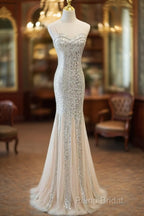 Sliver Sequins Mermaid Straps Long Formal Gown Formal Prom Dresses, Long Party Dresses Formal Dresses