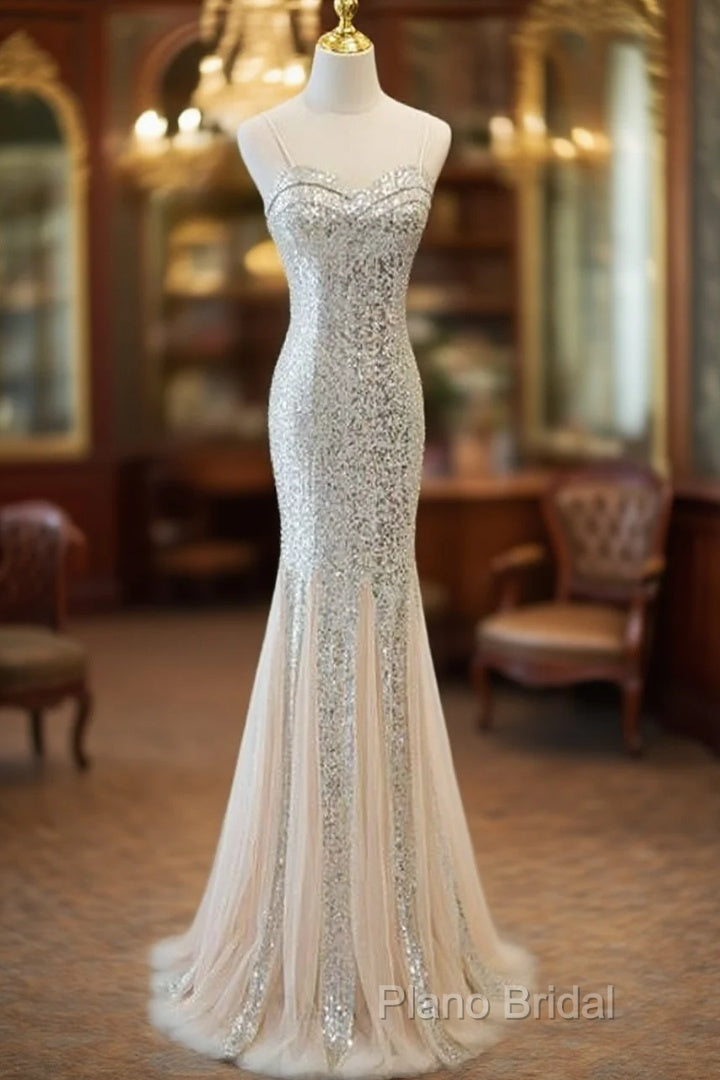 Sliver Sequins Mermaid Straps Long Formal Gown Formal Prom Dresses, Long Party Dresses Formal Dresses