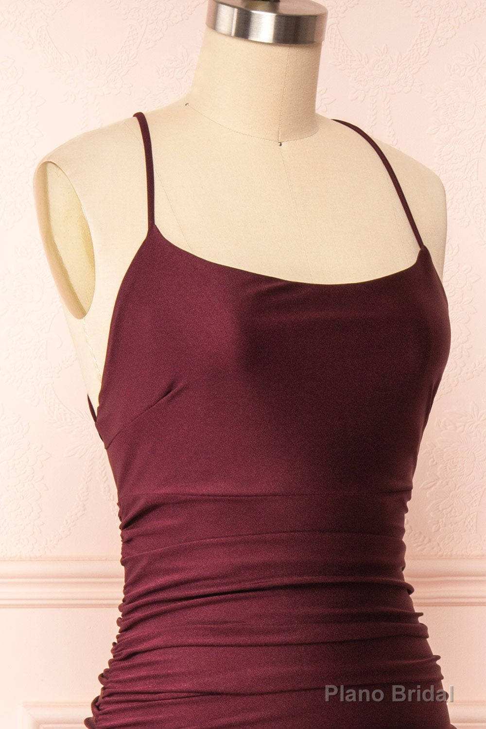 Burgundy Prom Dresses, Sheath/Column Scoop Neck Silk-like Satin Floor-length Ruffles Bridesmaid Dresses