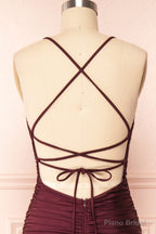 Burgundy Prom Dresses, Sheath/Column Scoop Neck Silk-like Satin Floor-length Ruffles Bridesmaid Dresses