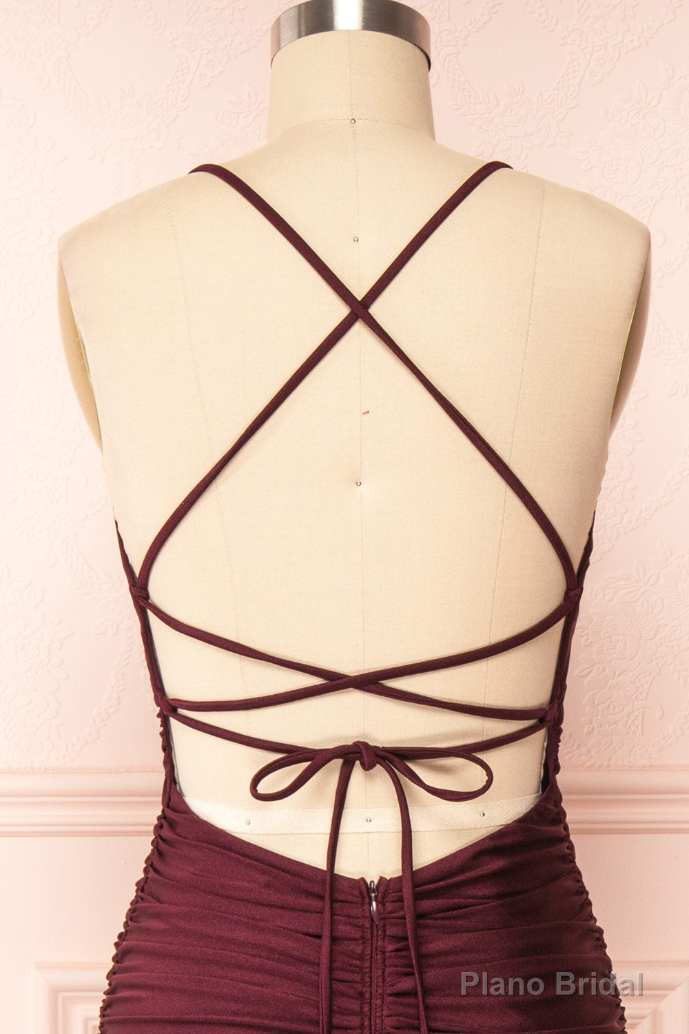 Burgundy Prom Dresses, Sheath/Column Scoop Neck Silk-like Satin Floor-length Ruffles Bridesmaid Dresses