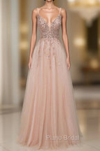 Spagehetti-Strap V-Neck Sleeveless Formal Prom Dresses with Beading