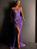 Purple Shiny Sequins Spaghetti Straps Long Slim High Slit Sexy Mermaid Ball Gown Formal Evening Dresses Party Dresses
