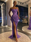 Purple Shiny Sequins Spaghetti Straps Long Slim High Slit Sexy Mermaid Ball Gown Formal Evening Dresses Party Dresses