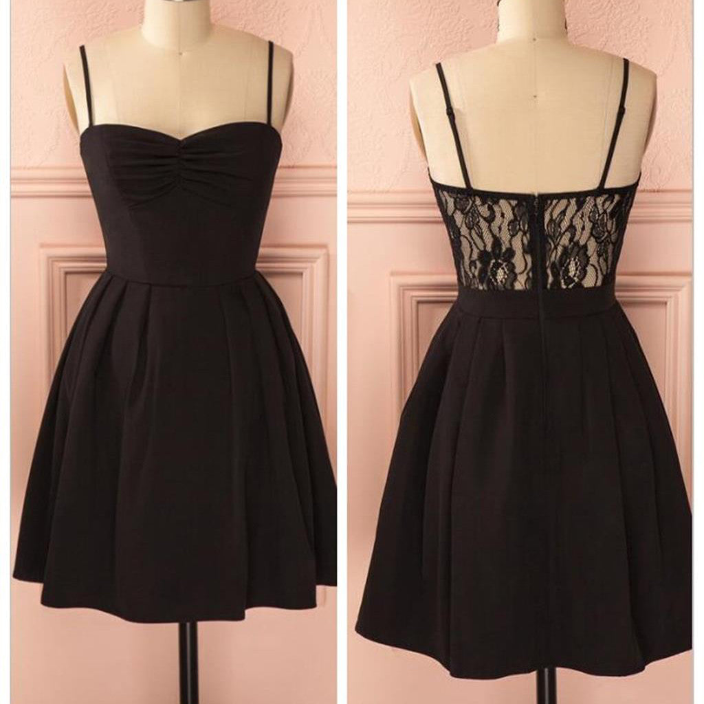 Spaghetti strap black simple lace cheap sexy homecoming Formal Prom Dresses