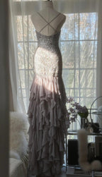 Elegant Purple Spaghetti Strap Appliques Bodycon Open Back Formal Evening Dresses Chiffon Sequin Long Formal Prom Dresses