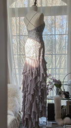 Elegant Purple Spaghetti Strap Appliques Bodycon Open Back Formal Evening Dresses Chiffon Sequin Long Formal Prom Dresses