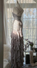 Elegant Purple Spaghetti Strap Appliques Bodycon Open Back Formal Evening Dresses Chiffon Sequin Long Formal Prom Dresses