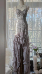 Elegant Purple Spaghetti Strap Appliques Bodycon Open Back Formal Evening Dresses Chiffon Sequin Long Formal Prom Dresses