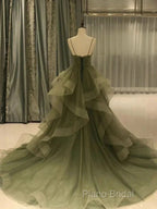 Spaghetti Strap Green A Line Long Formal Prom Dresses Formal Gown Party Dresses
