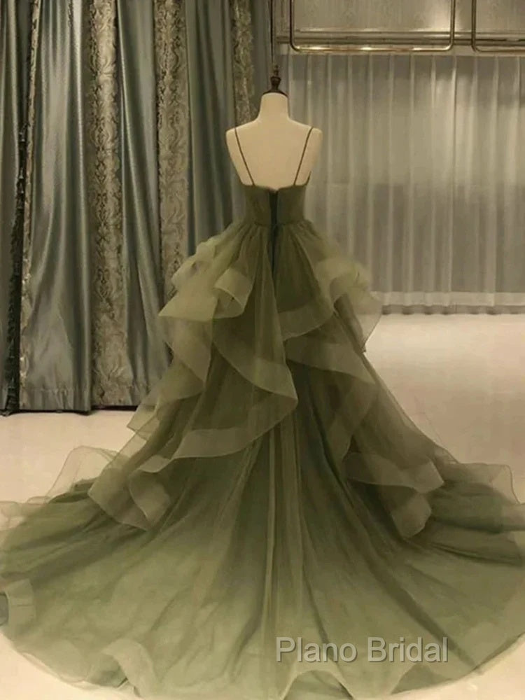Spaghetti Strap Green A Line Long Formal Prom Dresses Formal Gown Party Dresses
