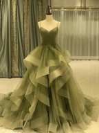Spaghetti Strap Green A Line Long Formal Prom Dresses Formal Evening Gown Party Dresses