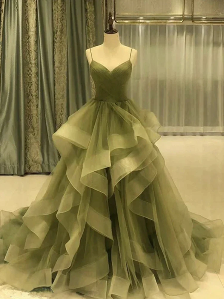 Spaghetti Strap Green A Line Long Formal Prom Dresses Formal Evening Gown Party Dresses