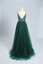 Spaghetti Strap Green A Line Long Formal Prom Dresses V Neck Formal Evening Gown Party Dresses