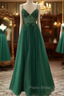 Spaghetti Strap Green A Line Long Formal Prom Dresses V Neck Formal Evening Gown Party Dresses