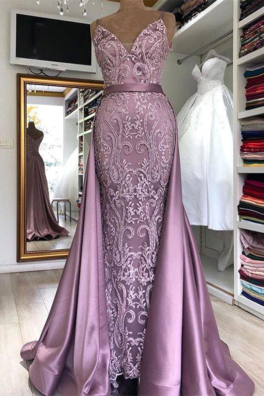 Spaghetti Strap Lilac Sleeveless Evening Dress With Overskirt Chic V-Back Prom Party Gowns With Gorgeous Lace Appliques Main image
