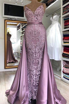 Spaghetti Strap Lilac Sleeveless Evening Dress With Overskirt Chic V-Back Prom Party Gowns With Gorgeous Lace Appliques