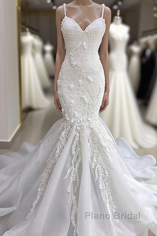 Spaghetti Strap Real Model White Mermaid Wedding Dresses with AmazingLace Appliques