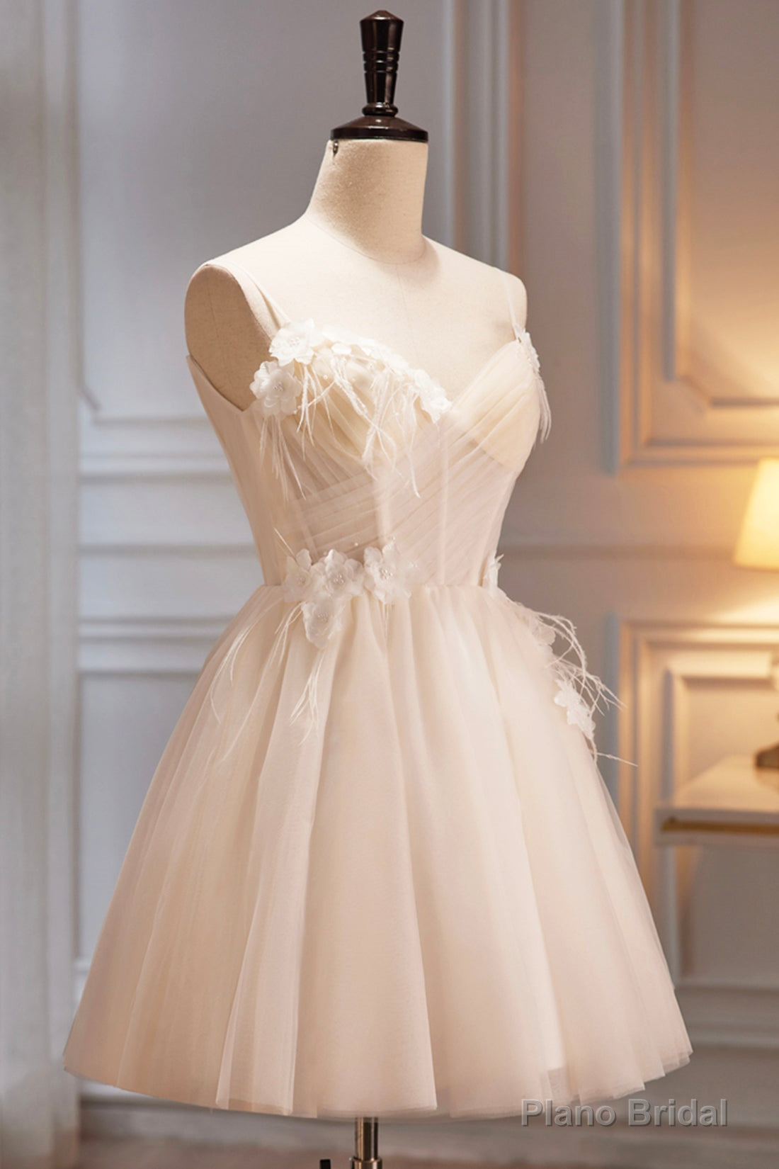 Spaghetti Strap V Neck Tulle Short Prom Dress, Cute Champagne Homecoming Dress Main image