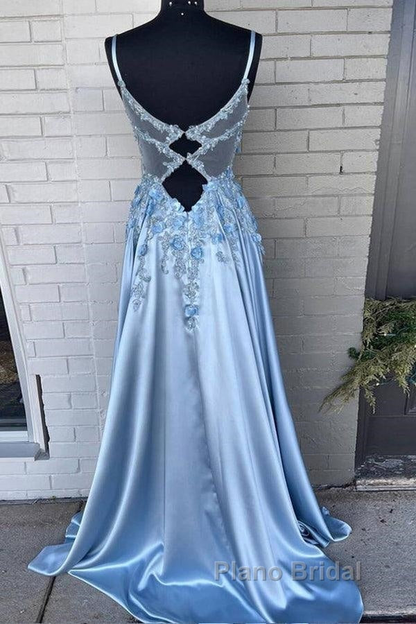 Spaghetti Straps 3D Flowers Formal Prom Dresses A Line Formal Gown