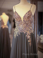 Gray Spaghetti Straps A-line Beaded Long Formal Prom Dresses