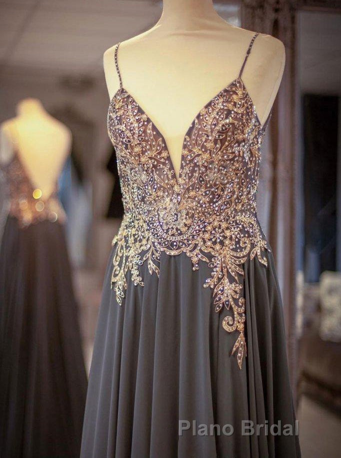 Gray Spaghetti Straps A-line Beaded Long Formal Prom Dresses