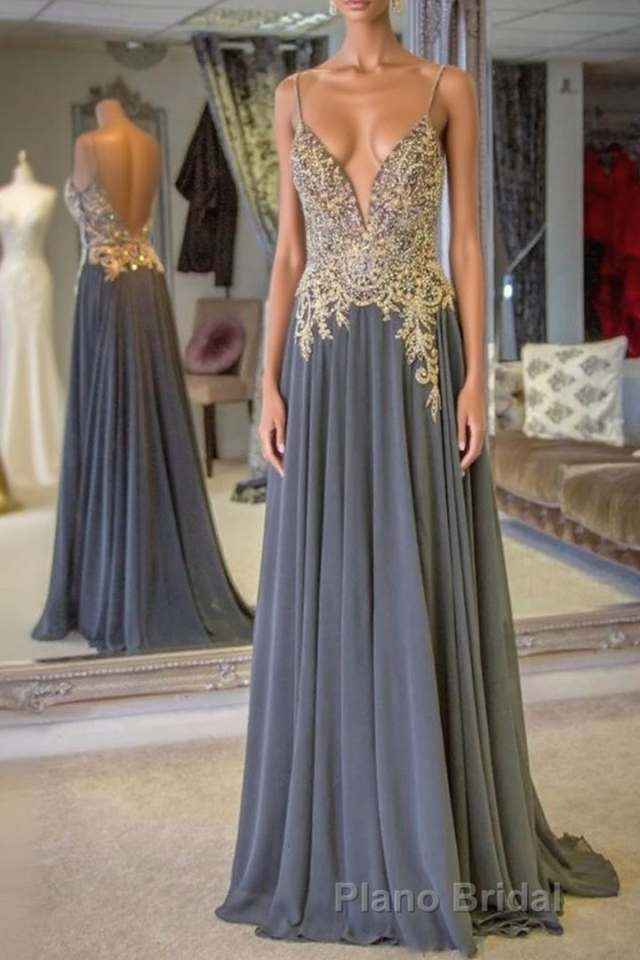 Gray Spaghetti Straps A-line Beaded Long Formal Prom Dresses Main image