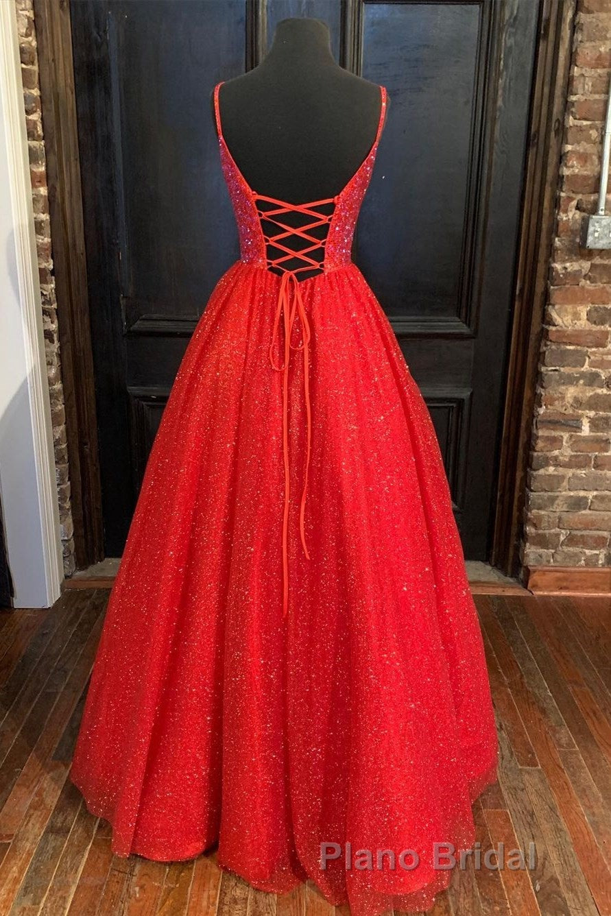 Spaghetti Straps A-line Red Shiny Formal Prom Gown,Long Formal Prom Dresses Secondary image