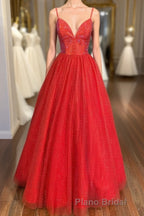 Spaghetti Straps A-line Red Shiny Formal Prom Gown,Long Formal Prom Dresses