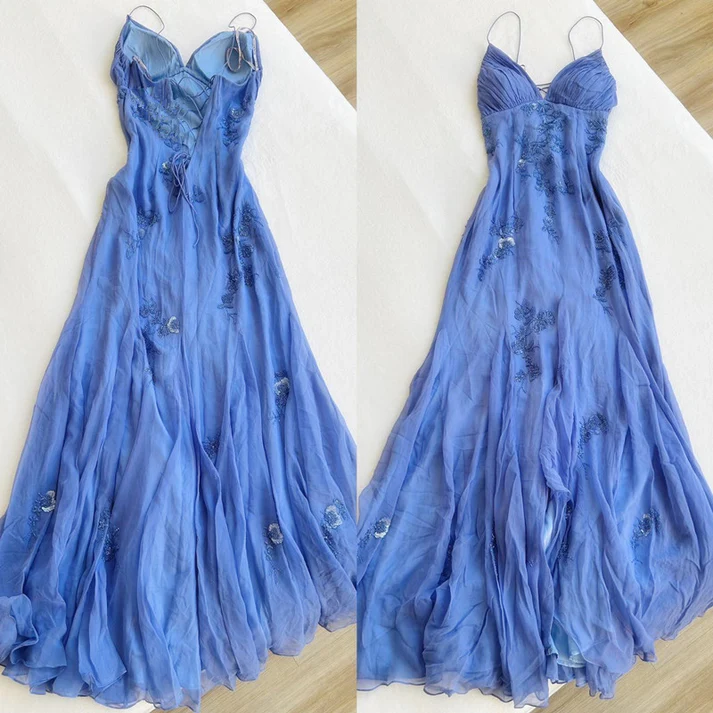 Spaghetti Straps Appliques A Line Long Formal Prom Dresses