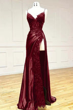 Black Fashion Classy Sexy V-Neck Exquisite Lace Spaghetti Straps Side Slits Long Satin Formal Prom Dresses Formal Evening Dresses Party Dresses