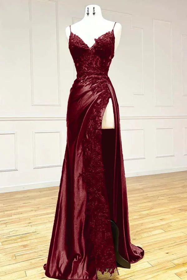 Black Fashion Classy Sexy V-Neck Exquisite Lace Spaghetti Straps Side Slits Long Satin Formal Prom Dresses Formal Evening Dresses Party Dresses