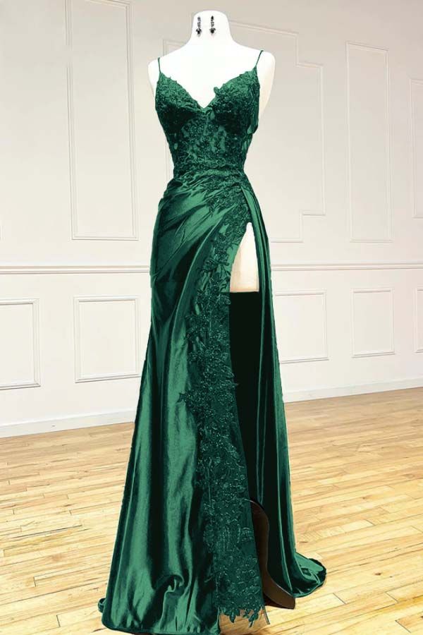 Black Fashion Classy Sexy V-Neck Exquisite Lace Spaghetti Straps Side Slits Long Satin Formal Prom Dresses Formal Evening Dresses Party Dresses