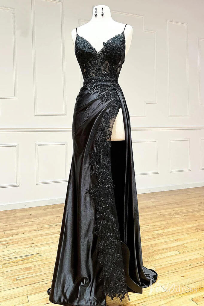 Black Fashion Classy Sexy V-Neck Exquisite Lace Spaghetti Straps Side Slits Long Satin Formal Prom Dresses Formal Evening Dresses Party Dresses Main image